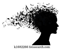 música, retrato mulher, silueta