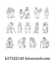 Aged people set black, white vector illustration. Scene with elderly people - retired, recreation, gardening, walking elderly couple, grandfather and grandson, couple with bouquet, gift, elderly sitting