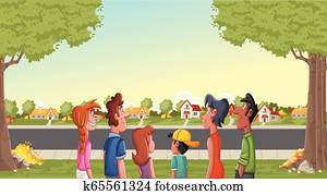 Big group of people looking at suburb neighborhood. Green park landscape with grass, trees, and houses. Big group of people looking at suburb neighborhood. Green park landscape with grass, trees, and houses.
