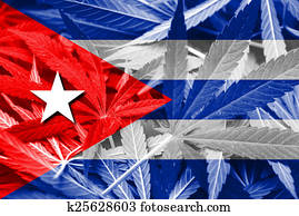 Cuba Flag on cannabis background. Drug policy. Legalization of marijuana Cuba Flag on cannabis background. Drug policy. Legalization of marijuana