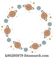 runder, rahmen, für, text, in, skandinavisch, stil, von, planeten, sternen, und, punkte, gezeichnet, per, hand, a, weiß, hintergrund., saturn, mars, und, uranus., kopie, space., freigestellt, kindern, template., vector.