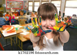 School Age Child Painting With Her Hands in Class