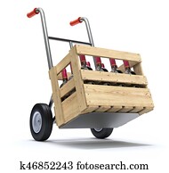 Hand truck with wine bottles in a wooden crate Hand truck with wine bottles in a wooden crate