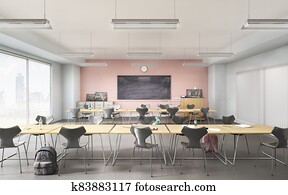 Modern classroom with concrete floor. High school. 3d illustration Modern classroom with concrete floor. High school. 3d illustration