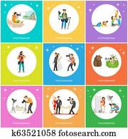 periodista, elaboración, tiros, celebridad, estrellas, cámara