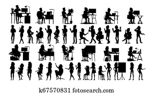 zakenlui, schaduwfiguur, set, ., man, woman., stedelijke, meeting., vrienden, communication., lichaam, row., klesten, samen., black, geïsoleerde, op wit, illustratie