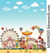 Amusement park scene at daytime with blank bright blue sky Amusement park scene at daytime with blank bright blue sky
