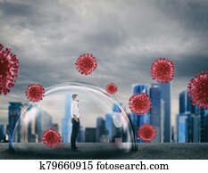 Businessman safely inside a shield dome that protects him from virus. Protection and safety concept Businessman safely inside a shield dome that protects him from virus. Protection and safety concept
