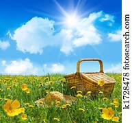 Summer picnic basket with straw hat in a field Summer picnic basket with straw hat in a field