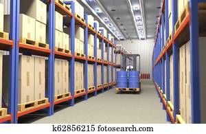 forklift, em, armazém industrial, (3d, illustration).