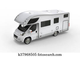 White camper van - top perspective shot White camper van - top perspective shot