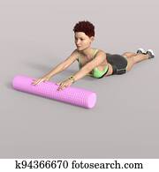 3d-illustration, של, an, הפרד, ספורטיו, ילדה, לעשות, פילטים, עם, a, קצוף, התגלגל