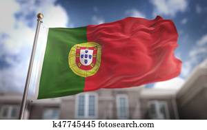 bandeira portugal, 3d, fazendo, ligado, céu azul, predios, fundo bandeira portugal, 3d, fazendo, ligado, céu azul, predios, fundo