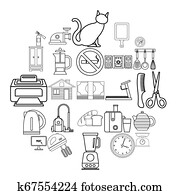 confortável, ícones, jogo, esboço, estilo