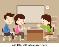 familia, hablar, con, profesor