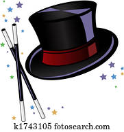 Magicians top hat and wand with stars Magicians top hat and wand with stars