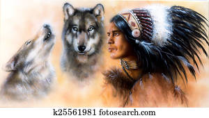 animals wolf and portrait of american indian in national dress animals wolf and portrait of american indian in national dress