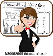 caricatura, mujer de negocios, con, plan trabajo empresa