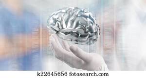 doctor neurologist hand show metal brain with computer interface doctor neurologist hand show metal brain with computer interface