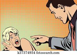 el, hombres, es, el señalar en, el, asustado, woman.