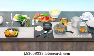 Kitchen table with ingredients and utensils. Top view. Kitchen table with ingredients and utensils. Top view.