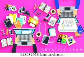 werkende plaats, van, creatief, team, in, platte