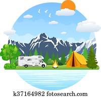 wald, camping, landschaft, mit, wohnmobil, reisender, bus, in, flache, design. wald, camping, landschaft, mit, wohnmobil, reisender, bus, in, flache, design.