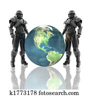 3d soldiers in a gas mask with earth 