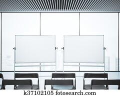 Conference room with two blank whiteboards . 3d rendering Conference room with two blank whiteboards . 3d rendering