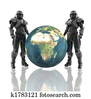 3d soldiers in a gas mask with earth 