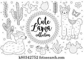 Cute little llama set Coloring book page for kids. Collection of design element sketch outline style. Kids baby clip art funny smiling kit. illustration Cute little llama set Coloring book page for kids. Collection of design element sketch outline style. Kids baby clip art funny smiling kit. illustration