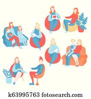 Flat psychologist set, psychological therapy and counseling with therapist. Psychotherapy session. Teenage, couple, individual and group psychology. Psychiatrist consultation Flat psychologist set, psychological therapy and counseling with therapist. Psychotherapy session. Teenage, couple, individual and group psychology. Psychiatrist consultation