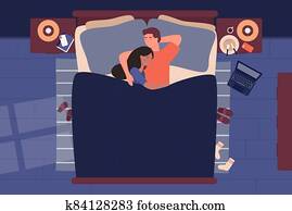 Lovers young people sleeping together. Man and woman couple in bed at night near window top view flat vector illustration.