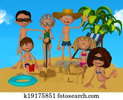 3d cartoon family on the beach 3d cartoon family on the beach