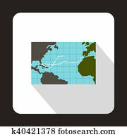 Christopher Columbus voyage map icon, flat style
