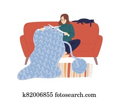 Domestic woman knit hold knitting needles and clew of thick yarn vector flat illustration. Creative female enjoying handmade hobby sit on comfy sofa isolated on white. Joyful lady use merino wool Domestic woman knit hold knitting needles and clew of thick yarn vector flat illustration. Creative female enjoying handmade hobby sit on comfy sofa isolated on white. Joyful lady use merino wool