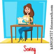 Sewing woman in vector atelier or dressmaker salon