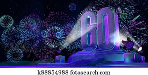 מספר, 60, ב, סולידי, ו, עבה, יצור, על אדן, האר, על ידי, 4, רפלקטור, בלילה, עם, זיקוקין, של, blue,, magenta,, סייאן, ו, סגול, צבע, ב, כוכבי, night., 3d, דוגמה