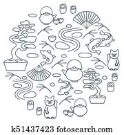 かわいい ベクトル パターン で Bonsai の 木 最小である ロックガーデン 日本語 幸運な猫 Maneki Neko 鯉 Koi そして 他 クリップアート 切り張り イラスト 絵画 集 K Fotosearch