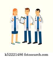 Cartoon characters of three doctors in white coats and equipment standing isolated on white