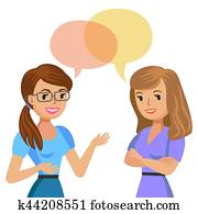 dos, mujeres jóvenes, hablar., reunión, colegas, o, friends., vector, illustration.