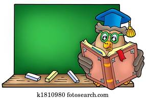 Owl teacher reading book on blackboard Owl teacher reading book on blackboard