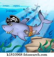 ציור היתולי, גנוב, כריש, עם, היטרפות