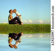 mãe, com, filho, ligado, sundown, beijo, por, nose., long., água