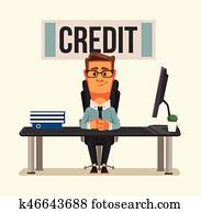 Smiling credit manager character sitting at bank office. Vector flat cartoon illustration