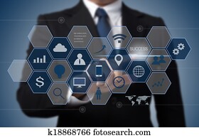 homem negócio, trabalhando, com, modernos, computador, interface, como, tecnologia informação, conceito