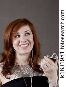 mulher jovem, e, dela, música