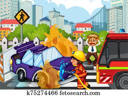 unfallstelle, mit, feuerwehrmann, und, auto, feuer unfallstelle, mit, feuerwehrmann, und, auto, feuer