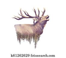 Elk and Forest. Watercolor Double Exposure effect Elk and Forest. Watercolor Double Exposure effect