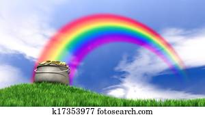 Pot Of Gold And Rainbow On Grassy Hill